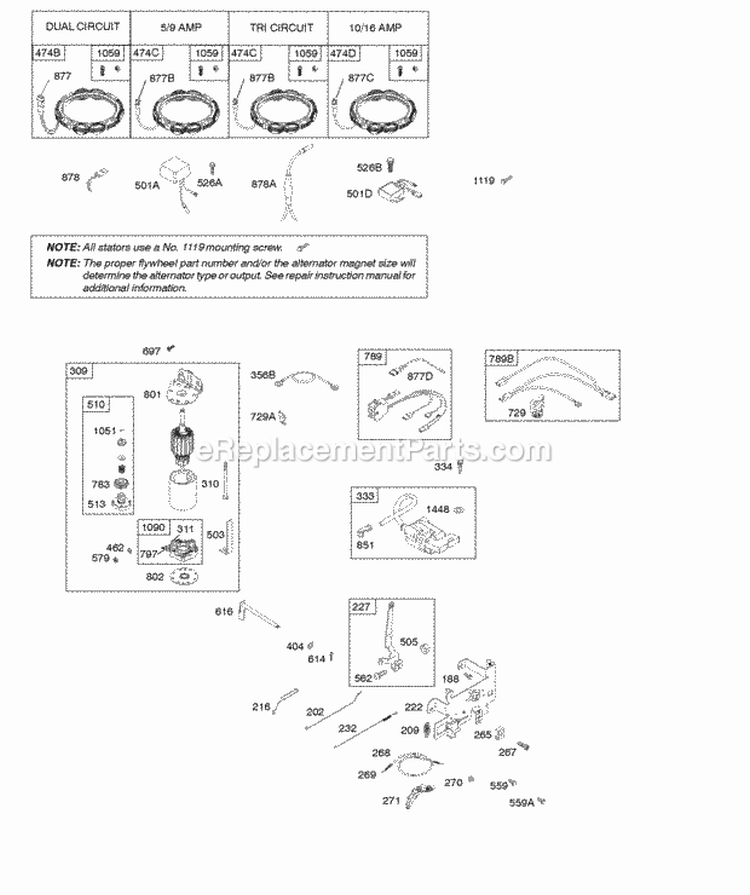 Alternator Controls Electric Starter Diagram and Parts List for 331877-0110-G5  Briggs and Stratton Engine